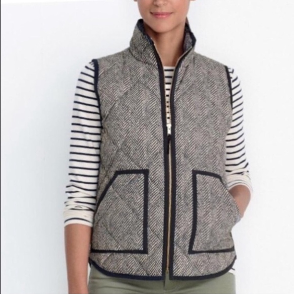 J. Crew Herringbone Quilted Vest with Black Trim